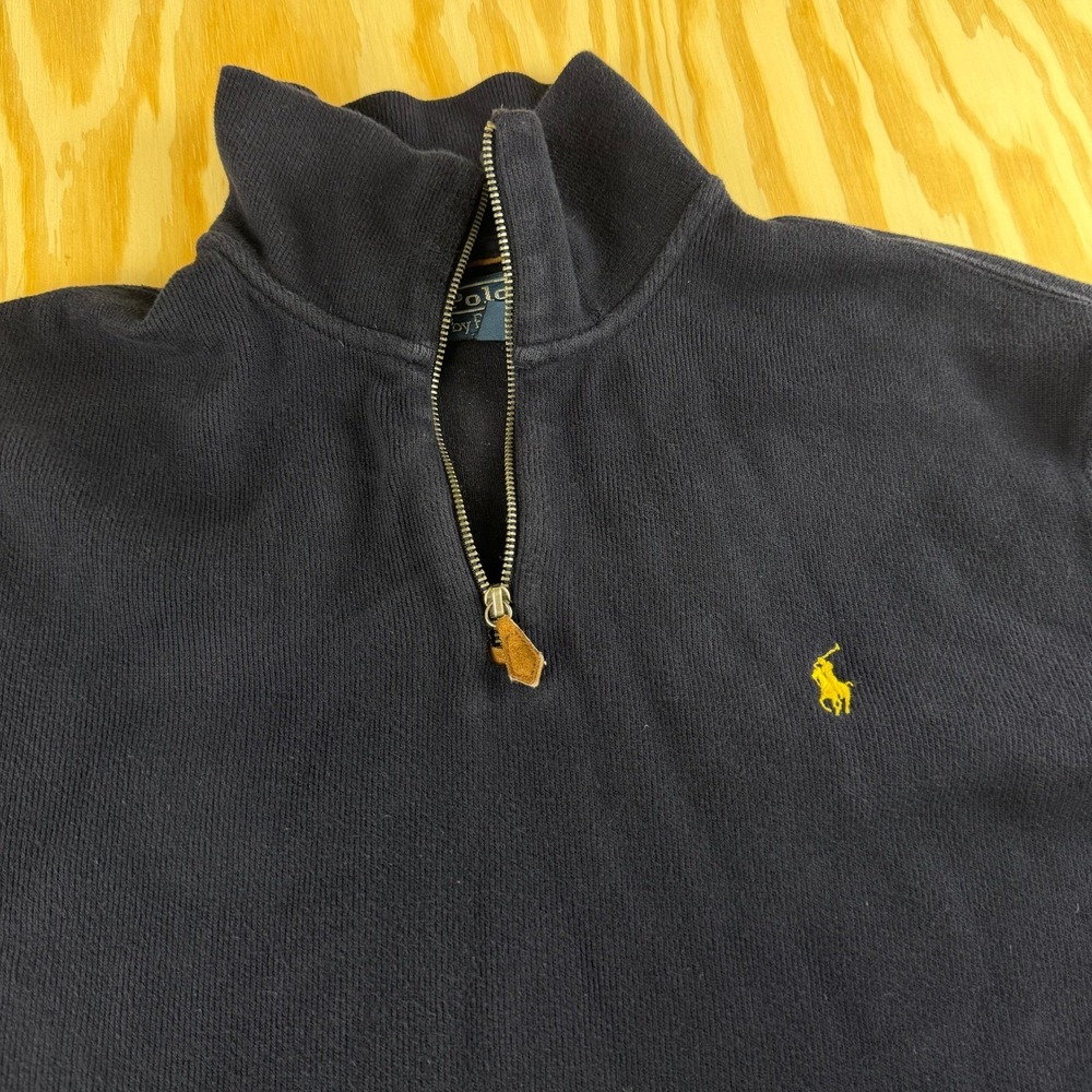 Polo Ralph Lauren Mens Navy Blue 1/4 Zip Pullover Cotton Sweater Yellow Pony L‎